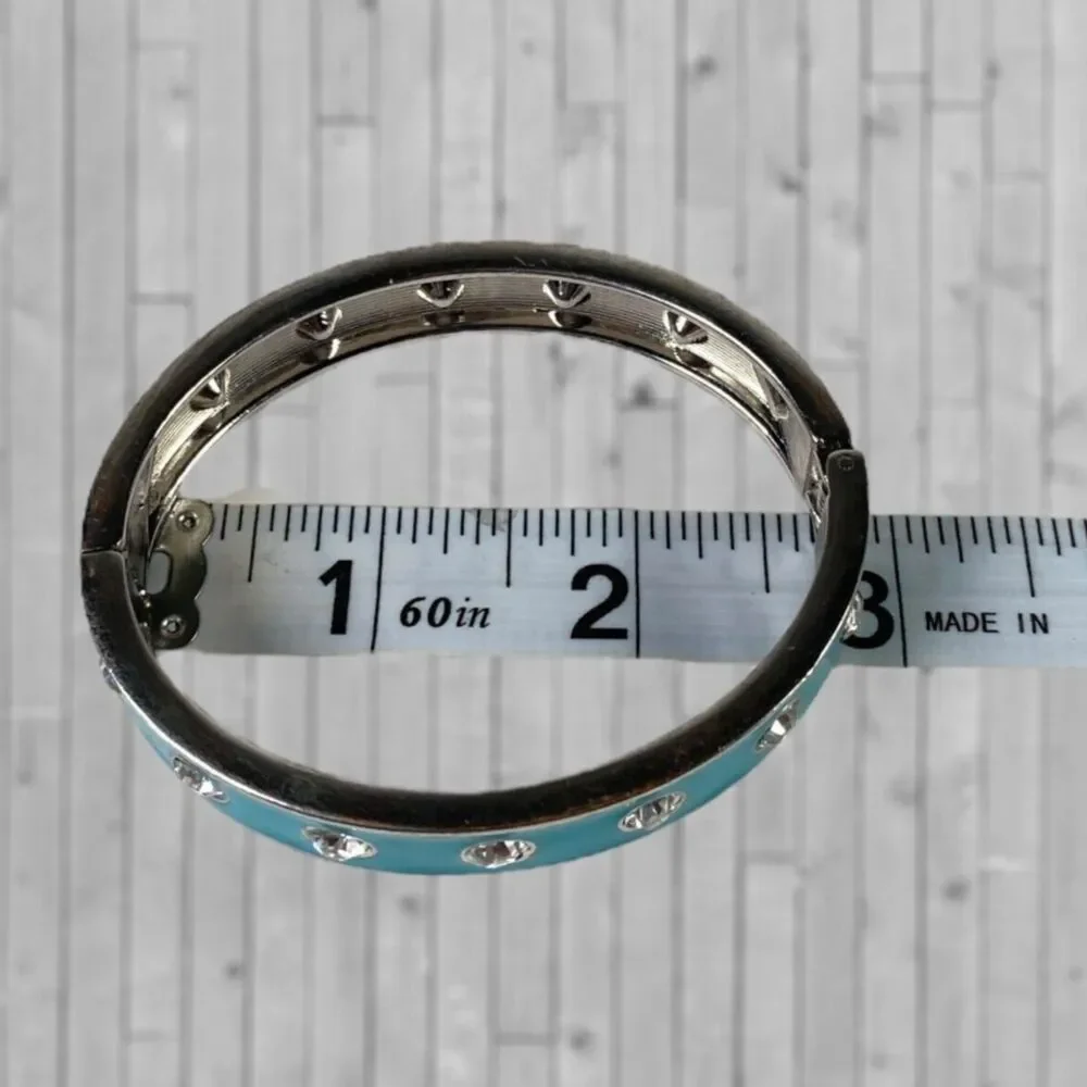 Vintage Enamel Rhinestone Studded Bracelet Turquoise Blue Hinged Bangle Clamper